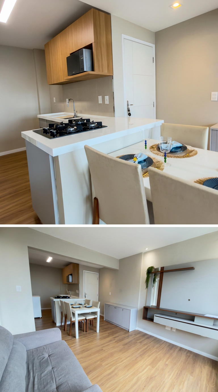 Ambientes integrados de sala, jantar e cozinha