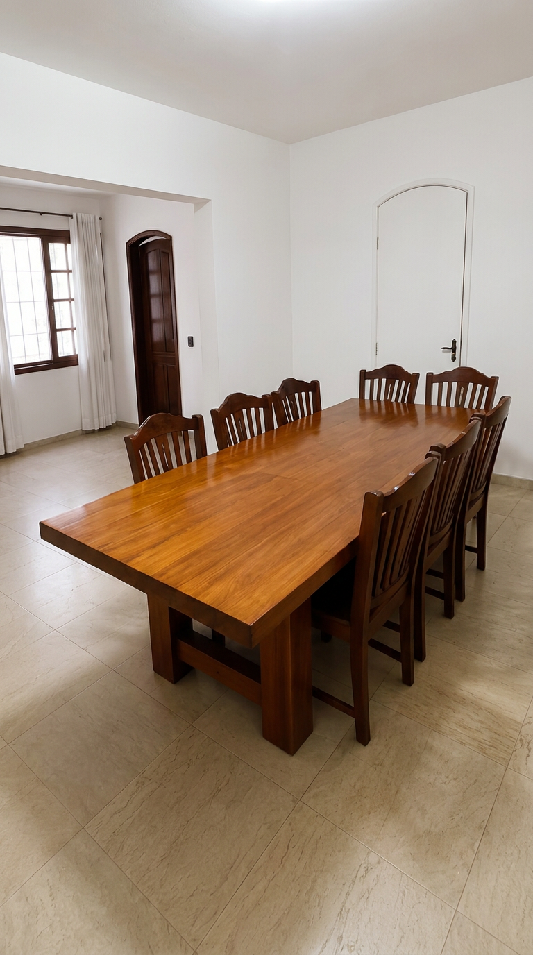 Sala de jantar ampla e iluminada
