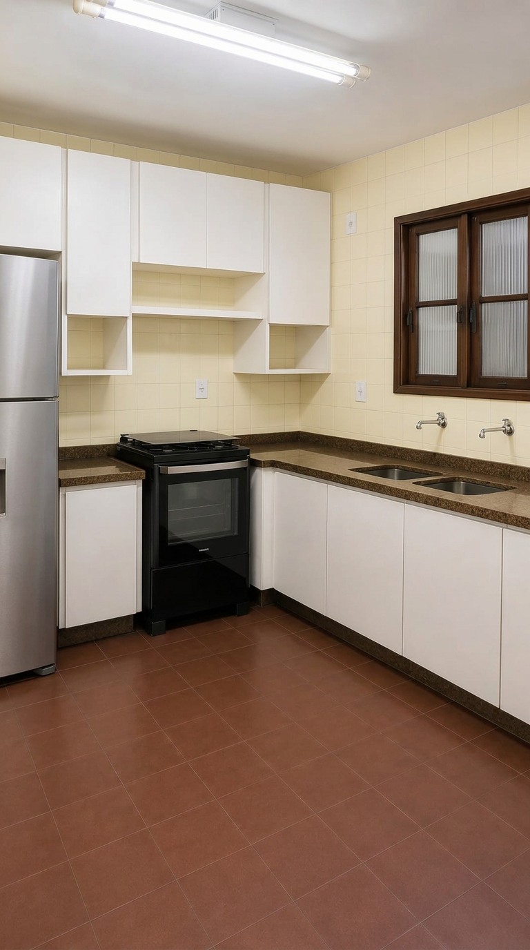 Cozinha com armários e bancada em granito