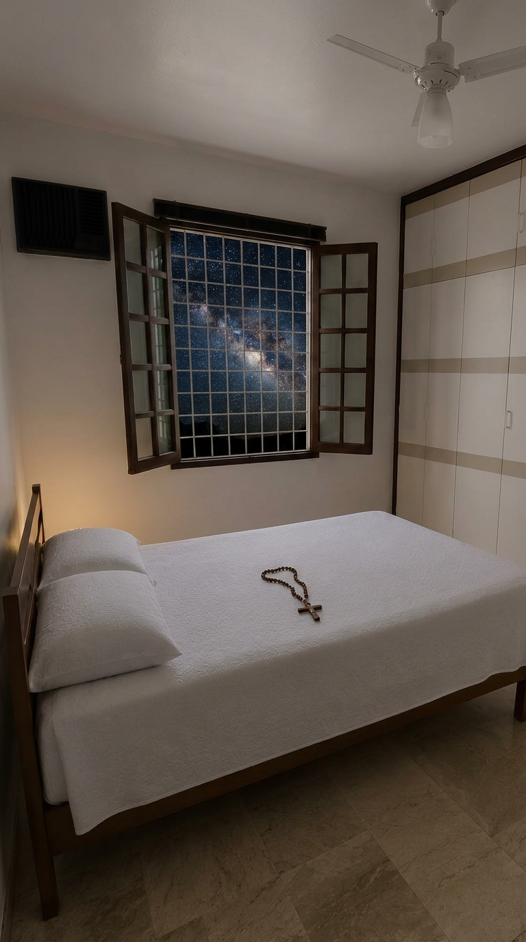 Quarto com armários e janela para o exterior