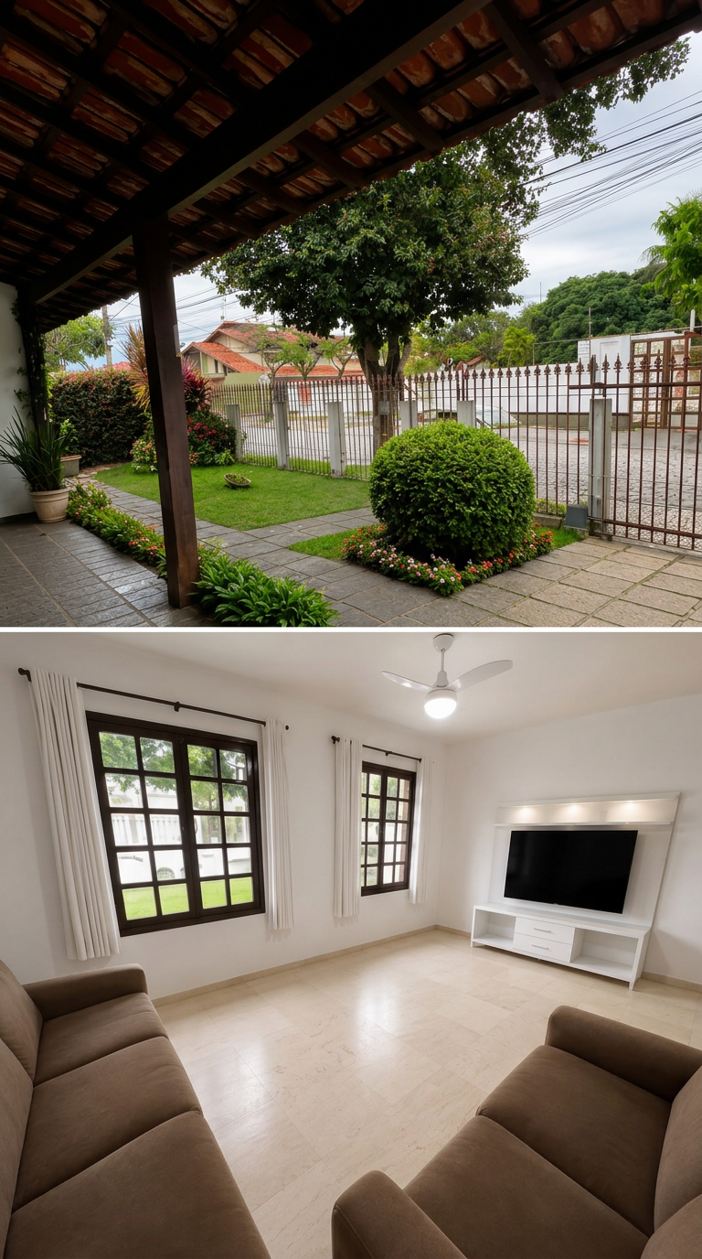 Jardim frontal e sala de estar da casa